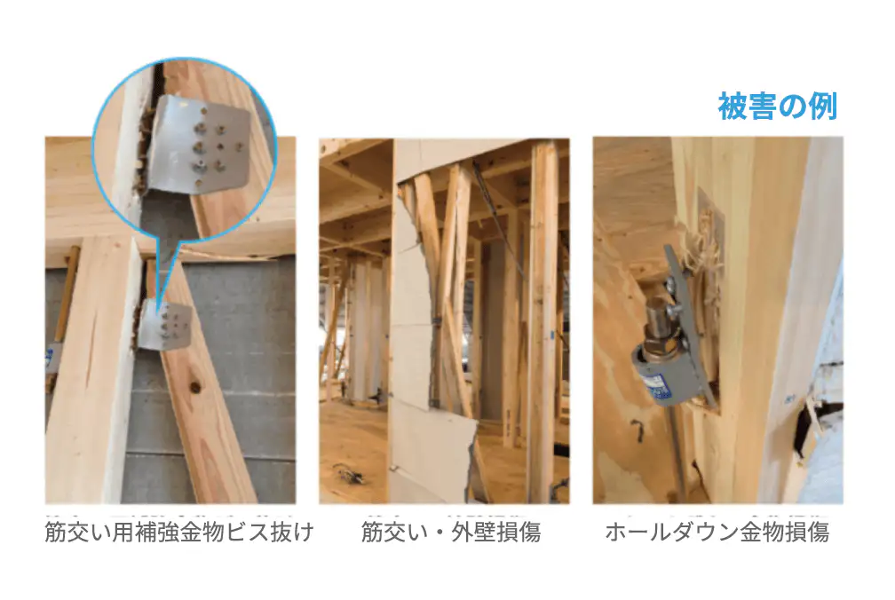 被害の例：筋交い用補強金物ビス抜け／筋交い・外壁損傷／ホールダウン金物損傷